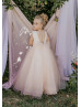 Peach Pink Sequin Tulle V Back Flower Girl Dress